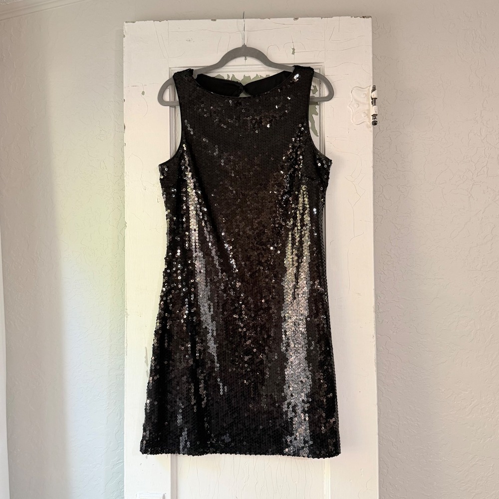 Mary L Couture Black Sequin Keyhole Back Shift Dress Size 12 Style 80518
